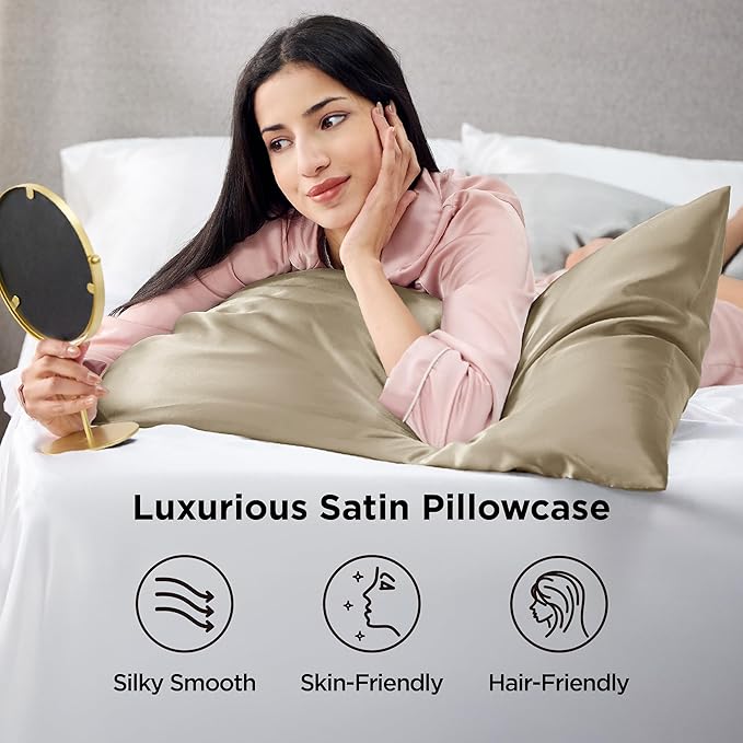 Bedsure Body Pillow Cover 20x54 Inches - Khaki Satin Similar to Silk Pillowcase for Hair and Skin, Cooling and Silky Long Body Pillow Pillowcase with Envelope Closure, Gifts for Women Men