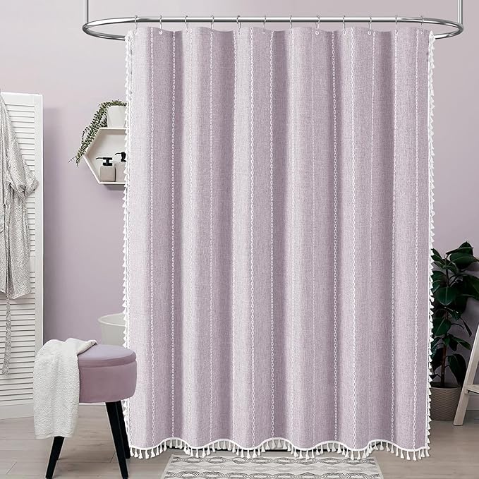 BTTN Boho Farmhouse Shower Curtain, Linen Rustic Weighted Striped Fabric with Tassel, Water Repellent, Modern Bohemian Vintage Country Cloth for Bathroom, Lavender, 72x72