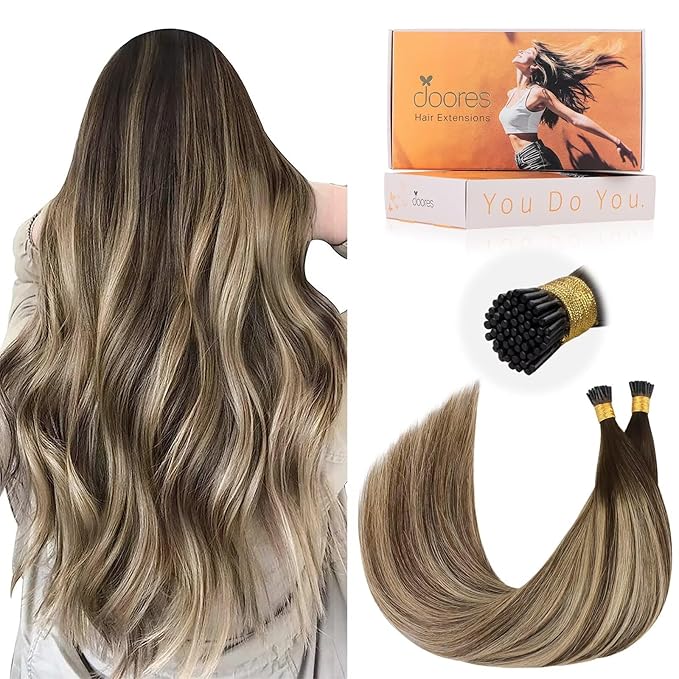 DOORES I Tip Hair Extensions Human Hair,14 Inch 100g 200s Itip Human Hair Extensions,Chocolate Brown to Honey Blonde I Tip Hair Extensions,Virgin Human Hair Extensions