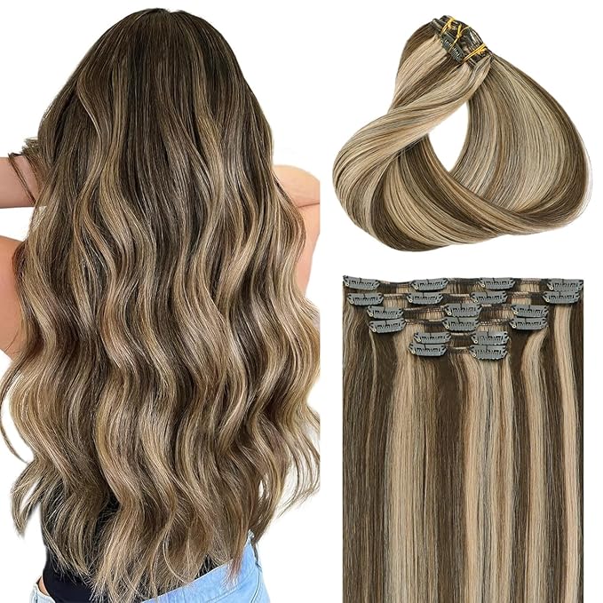 Clip in Hair Extensions Real Human Hair, 20 Inch 120g, Chocolate Brown To Dark Blonde Piano Color,Natural Straight Clip On Hair Extensions 6pcs Per Set with 18 Clips Double drawn(#4P27,20'')