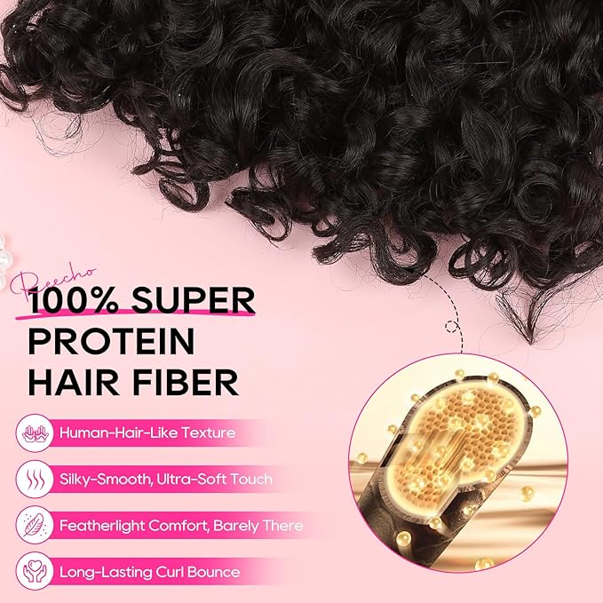 REECHO Curly Hair Extensions - 4PCS 18" GoGo Curly Clip in Hair Extensions 100% Super Protein Hairpieces with Invisible Lace Weft Silky Soft Natural Look for Women - Black Brown