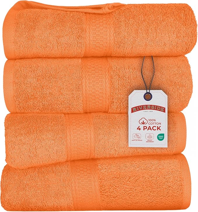 RIVERSIDE 100% Ring Spun Cotton Large Bath Towels Set of 4, 27 x 54 Inches – Quick Dry, Soft & Highly Absorbent Towels for Shower & Bathroom – Luxury 600 GSM Towels for Home, Spa, Gym, Hotel, Orange