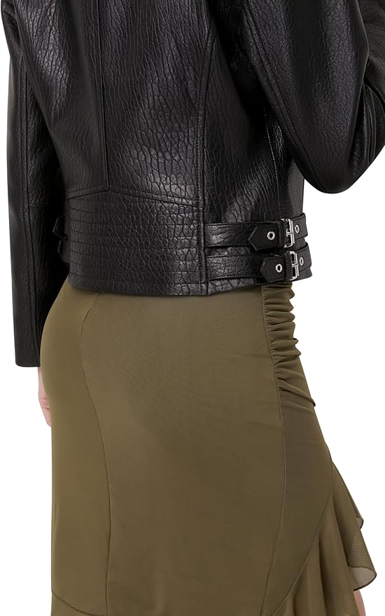 Lambskin Leather Jacket Women,Motorcycle Jacket,Asymmetrical Zip Style,Buckle Belts,Quilted Details