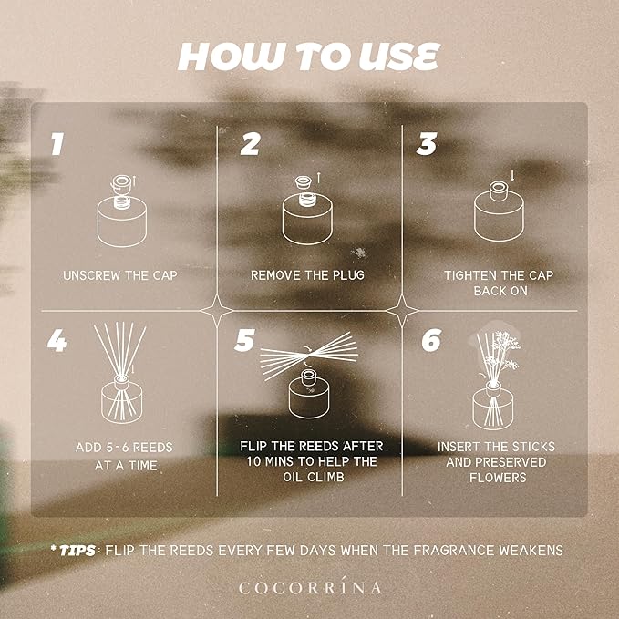 Cocorrína Premium Reed Diffuser Set with Preserved Baby's Breath, Cashmere Vanilla | 6.7 fl oz Reed Diffuser for Bedroom Bathroom Home Décor