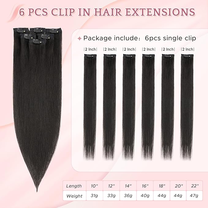 SEGO Single Clip In Hair Extensions Real Human Hair 6 Pcs Individual Clip Ins Remy Straight Soft Seamless Hairpieces for Women -16 Inch #01B Natural Black