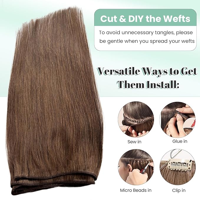 Double Weft Medium Brown Human Hair Extensions Sew in Silky Straight 22 Inch 120G Per Bundle Hand Tied Hair Extensions Real Human Hair #4 Brown Hair Weft Bundles for Sew in