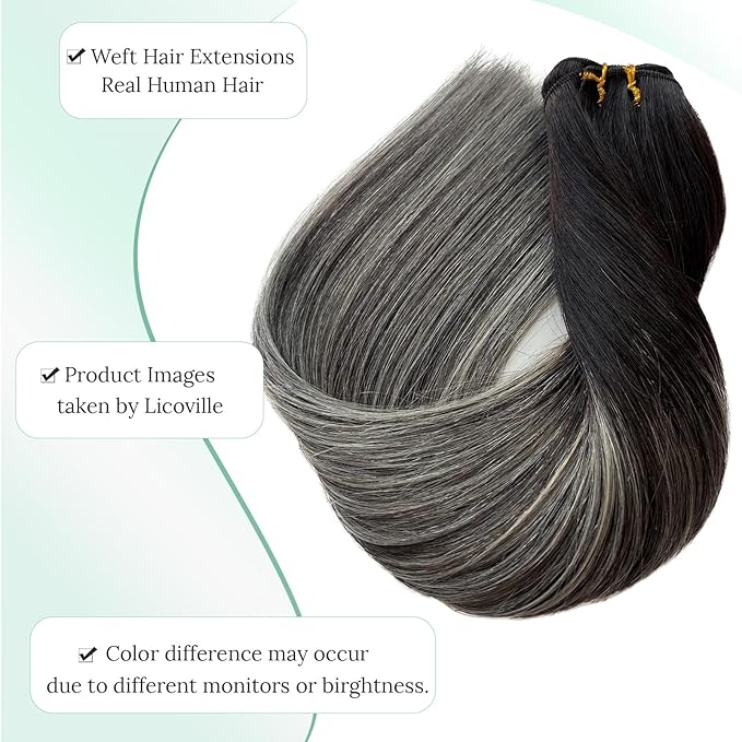 Black to Silver Grey Balayage Hair Extensions Human Hair Weft Hand Tied Sew in Hair Extensions 18 Inch 100G Straight Natural Sew in Black Silver Grey Human Hair Extensions 2-3 Packs for Full Head