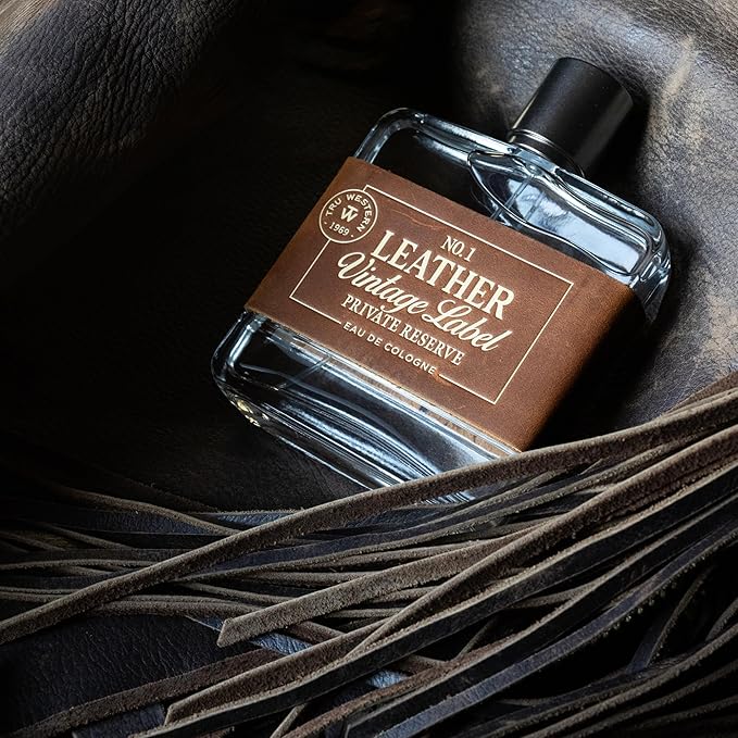 Leather No. 1 by Tru Western, Vintage Label Private Reserve, 3.4 fl oz (100 ml), with Notes of Sun Aged Leather, Cedarwood, Clementine, Masculine, Woodsy, Leathery