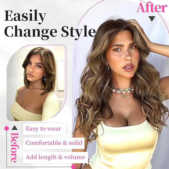 KooKaStyle Short Hair Extensions 6PCS 14 Inch Wavy Curly Hairpieces Synthetic Soft Lace Weft Clip in Hair Extensions-Balayage Chocolate Brown to Caramel Blonde for Women