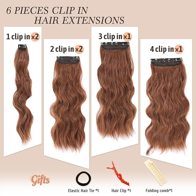 NAYOO Clip in Hair Extensions for Women 20 Inch Long Wavy Curly Auburn Hairpieces Full Head Synthetic Hair Hairpieces(6PCS,Auburn)