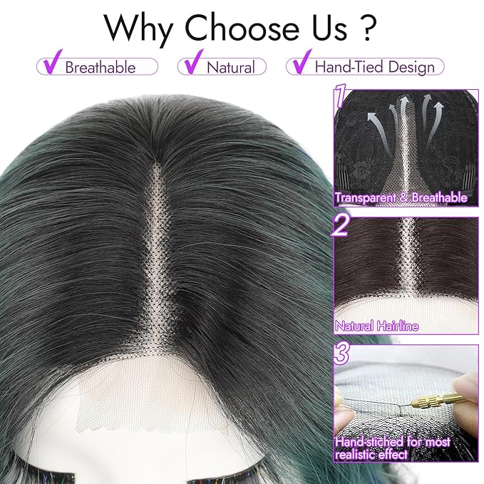 Ombre Dark Green with Blue Highlights Short Wavy Wig for Women Lace Hairline Bob Style Synthetic Heat Resistant - Natural Appearance for Everyday Hairstyle 14 Inch