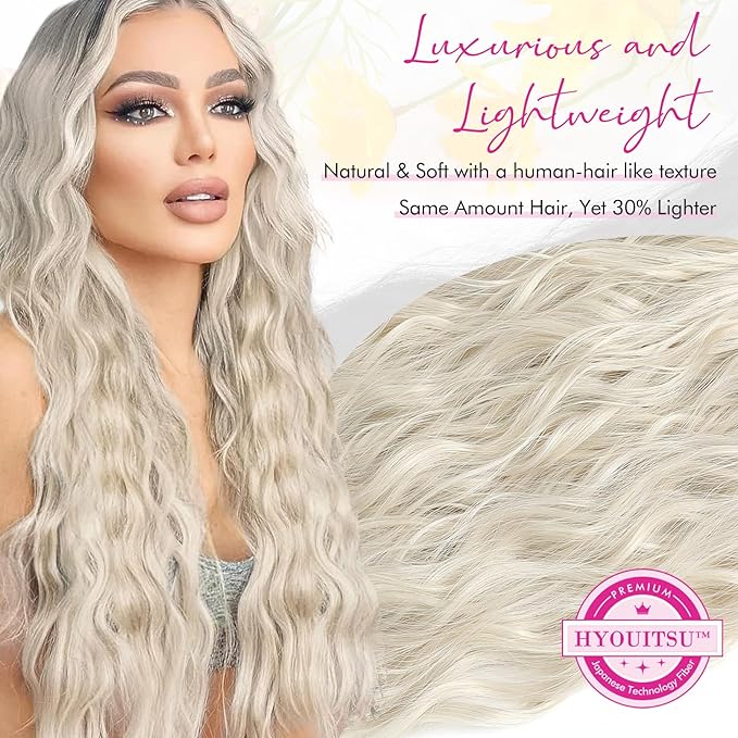 Hair Extensions, REECHO 9PCS Clip in Hair Extensions 24" Thick Long Mini Mermaid Wave Luxurious Lightweight Japanese Technology HYOUITSU Fiber Invisible Soft Lace Weft - HE009 Platinum Blonde
