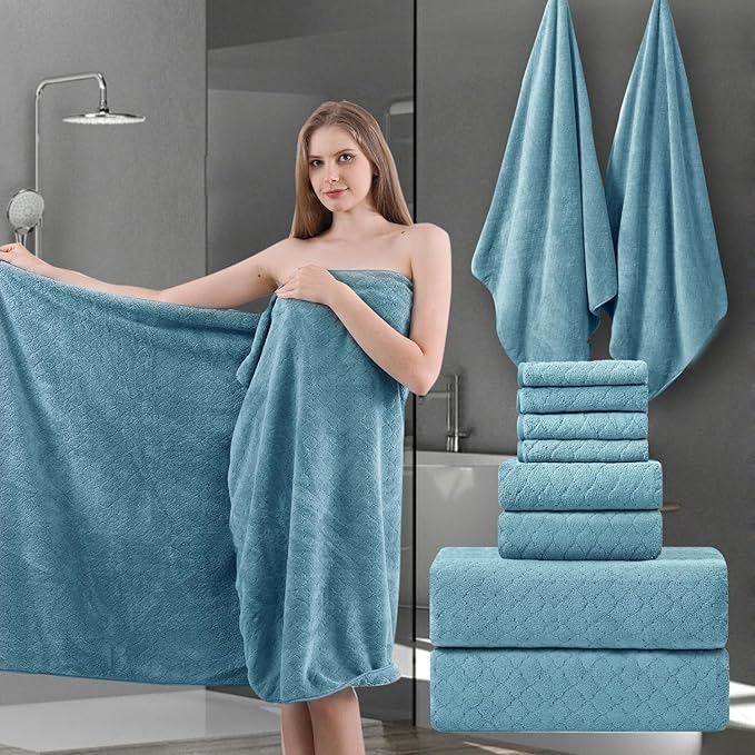 Ycosy 8-Piece Bath Towels Set,2 Oversized Large Bath Towels Sheet,2 Hand Towels and 4 Washcloths - 600 GSM Soft Luxury Towel Set,Highly Absorbent Quick Dry Towel Collection for Bathroom,Hotel and Spa