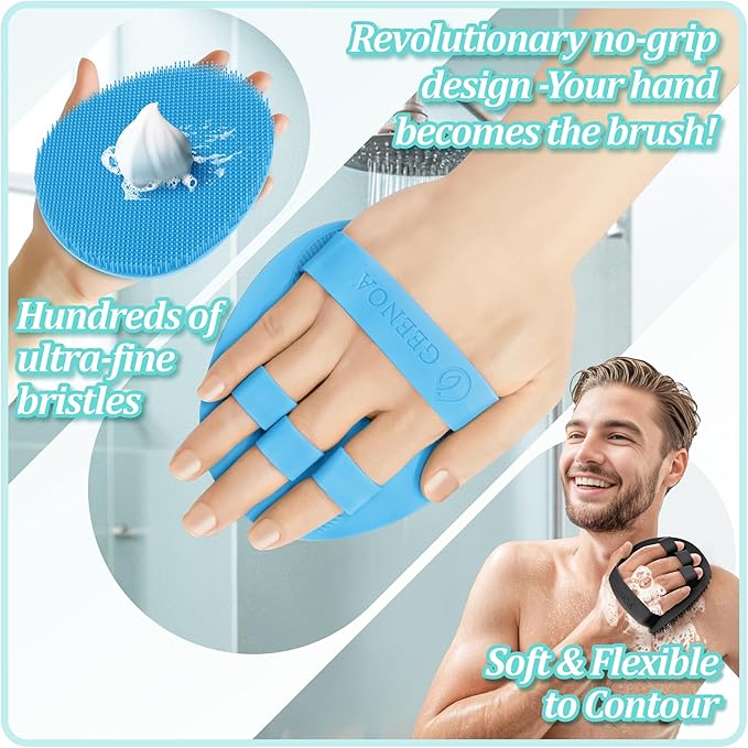 Soft Silicone Bath Gloves 2PCS, 360° Anti-slip & Enlarged Silicone Body Scrubber for Rich Foaming Deep Cleaning, Revolutionary No-grip & Hand-fit Shower Scrubber for All Skin Types.(Black+Blue)