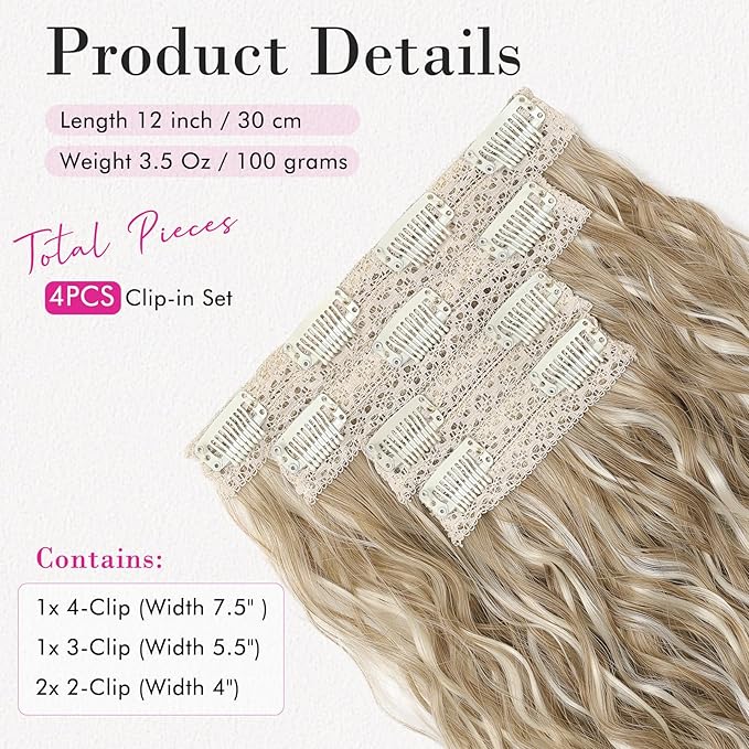 REECHO Clip in Hair Extensions, 4PCS Hair Extensions 12" Short Curly Wavy Blonde hair extensions Invisible Lace Weft Natural Soft Hairpieces for Women – Dark Blonde with Highlights