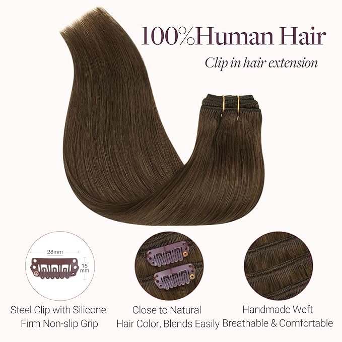 GOO GOO Clip in Hair Extensions Real Human Hair, Remy Human Hair Extensions Clip ins for Women, Natural Human Hair, 18inch 120g 7 Pcs, #4H Light Chocolate Brown