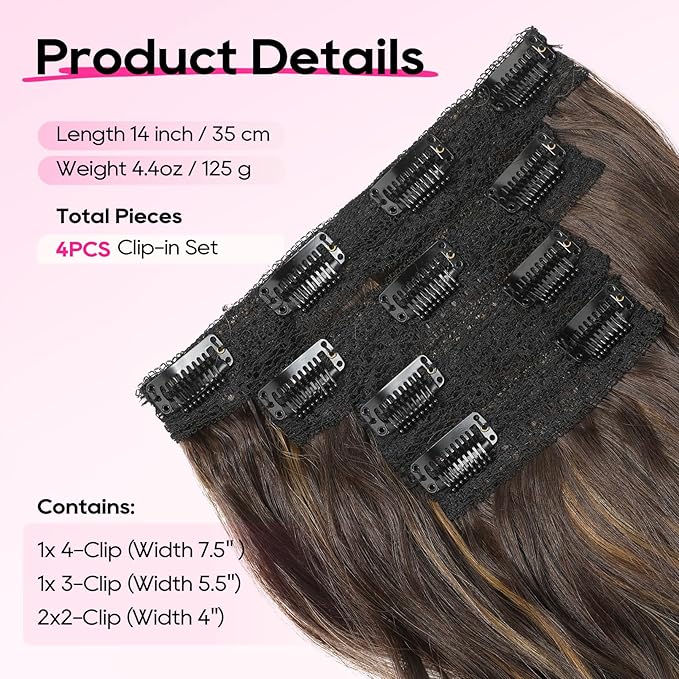 REECHO Clip in Hair Extensions - 14" Short Beach Wavy Hairpieces with Invisible Lace Weft - Dark Brown with Highlights