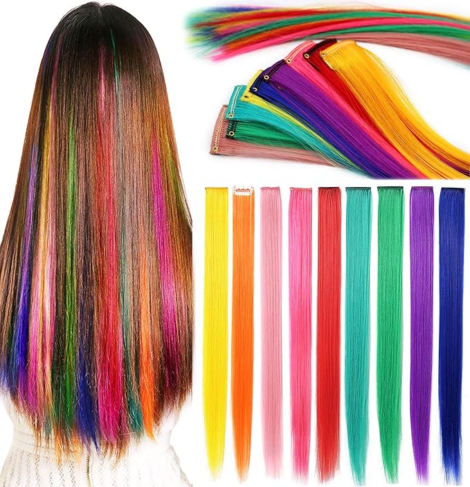 Rhyme 9 PCS Colored Hair Extensions Clip In 21 inch Straight Multicolored Hair Extensions Accessories For Girls Women Gift Party Highlights Wig Pieces (Rainbow Color)
