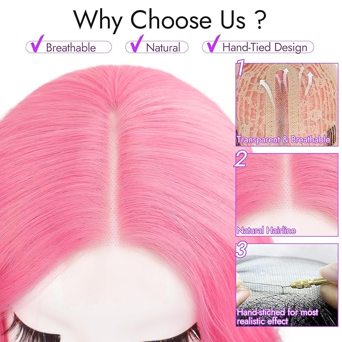 Pink Short Wavy Wig for Women Lace Hairline Bob Style Synthetic Heat Resistant - Natural Appearance for Everyday Hairstyle 14 Inch
