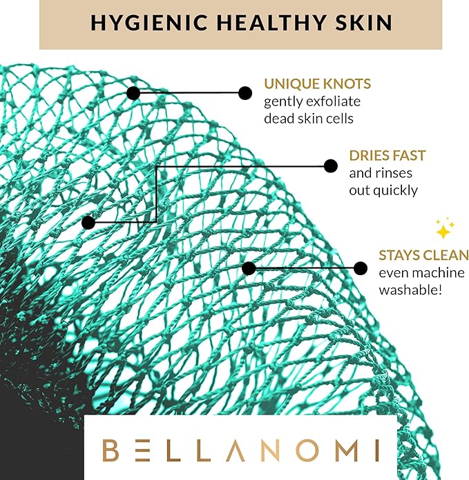 BELLANOMI 4 Piece African Exfoliating Net Sponge Long African Bath Sponge, Authentic Ethically Sourced from Nigeria, Great for Daily Use (Blue, White, Seafoam,Navy Blue)