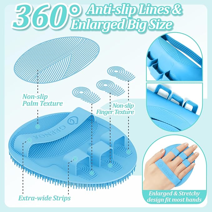 Soft Silicone Bath Glove & Face Scrubber Set 2PCS, 360° Anti-Slip & Hand-fit Body Scrubber for Rich Foaming Deep Cleaning, Unique Facial Scrubber with Side-bristles for Contoured Areas.(Blue)