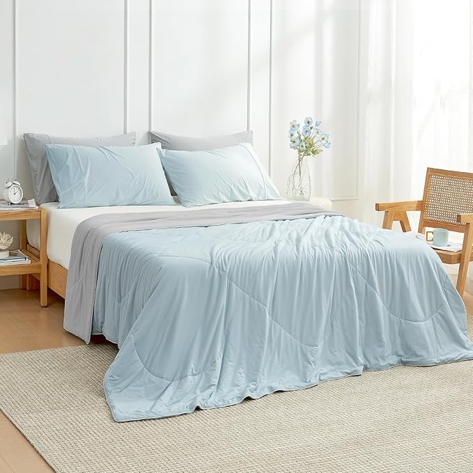 Cozy Bliss Cooling Comforter Twin Size, Cooling Blankets for Hot Sleepers and Night Sweats, Gray Blue Summer Comforter for Twin Size Bed, Breathable Soft Lightweight Silk Smooth