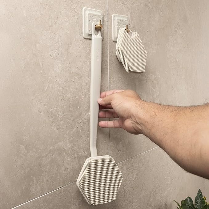 TOOLETRIES Arnold Silicone Shower Hook 2 Pack - Toiletries Organizer, Silicone Hooks, Removable & Reusable Shower Accessories - Sand