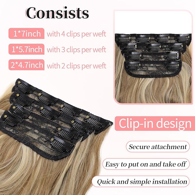 KooKaStyle Clip in Hair Extensions Long Wavy 4PCS Thick Hairpieces Synthetic Ash Blonde Balayage Fiber Double Weft Natural Hair Extensions for Women 24 Inch Daily Use