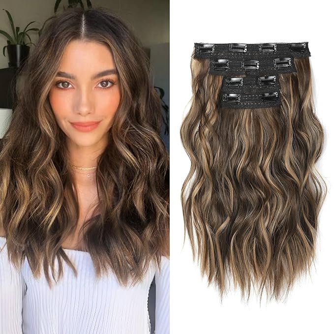 Hair Extensions, 14" Short Clip in Hair Extensions 4PCS Beach Wave Blonde Natural Soft Synthetic Hairpiece for Women - Chocolate Brown with Highlights