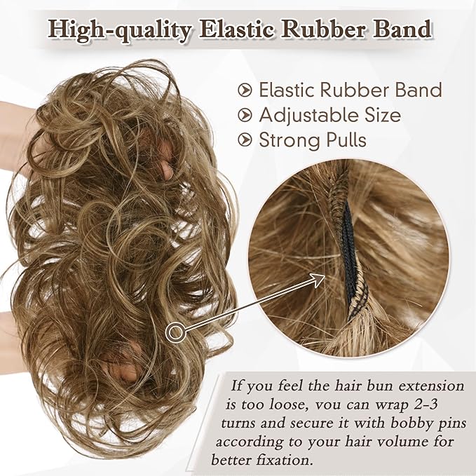 RUWISS Large Messy Bun Hair Piece 100% Human Hair Layered Wavy Curly Hair Buns Hair Piece for Women Thick Updo Hairpiece for Daily Wear Real Hair Scrunchies Brown Ponytail Extension