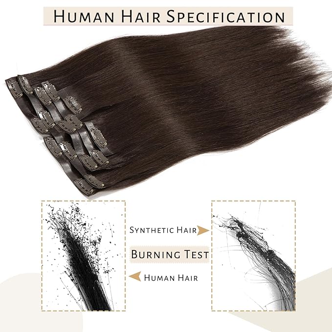 Caliee Seamless Clip in Hair Extensions 2A Light Dark Brown Clip in Remy Human Hair Extensions Invisible PU Skin Weft Natural Straight Hair 14Inch 110G 7Pcs Clip in Hair Extensions for Woman