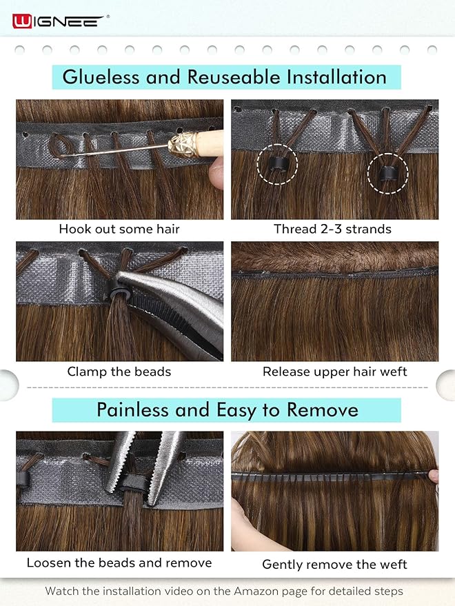 WIGNEE 22 Inch OVO Hand-Tied Weft Double Layered Real Remy Human Hair Blonde Ombre Seamless Glueless Extensions with Micro Beads Luxury Match for Blended Blonde Highlights Hair Extensions (9A/60)