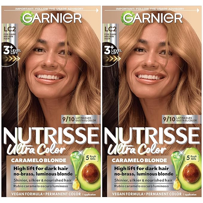 Garnier Nutrisse Ultra Color Nourishing Bold Permanent Hair Color Creme, LC2 Hi-Lift Dark Blonde (Coconut Flan), Pack of 2, Hair Dye Kit for 8 Weeks of Bold Hair Color Even on Dark Bases