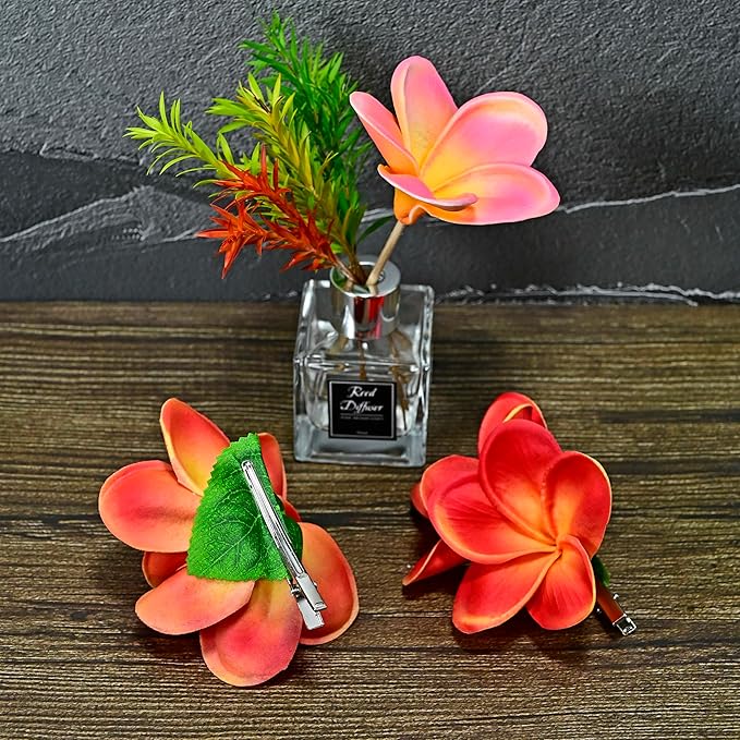 Pack of 2 Real Touch Flowers Hawaiian Flower Hair Clips Plumeria Hibiscus Hair Clips Handmade Hair Accessories for Beach Wedding Bridal Party Mother's Day Women Girls Holiday Gifts (c-831, 2pcs)