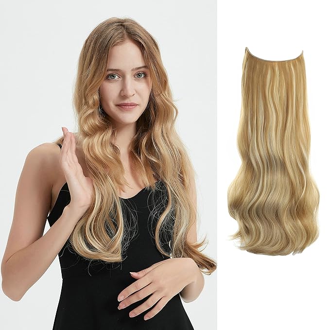 Invisible Wire Hair Extensions Transparent Wire Adjustable Size 4 Secure Clips Long Wavy Curly Secret Hairpiece 24 Inch for Women