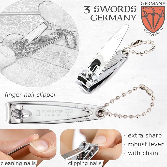 3 Swords Germany - Brand Quality 4 Piece Manicure Pedicure Grooming kit Set for Professional Finger & Toe Nail Care Tweezers File Clipper Fashion Leather case in Gift Box, Made by 3 Swords (77211)