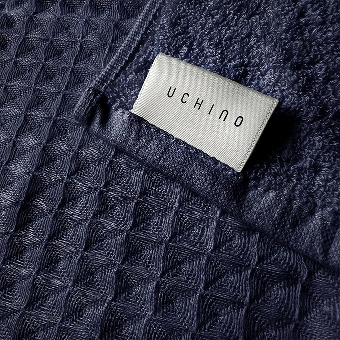 UCHINO Waffle Twist Cotton Weave Washcloth Towel for Bathroom Lightweight Absorbent Quick Dry Honeycomb Texture Solid Terry Loop Reverse 13" x 13", 1 Wash Cloth, Indigo