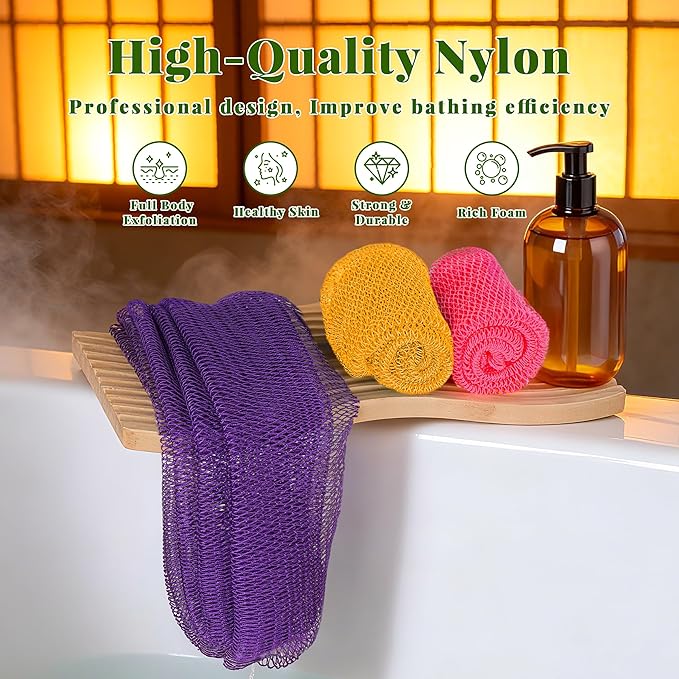 African Net Sponge Authentic, 3 Pieces Exfoliating Scrubber Bath Sponge for All Skin Types, Back Scrubber Loofah Washcloth for Shower, Gentle Exfoliation (Pink,Purple,Golden)