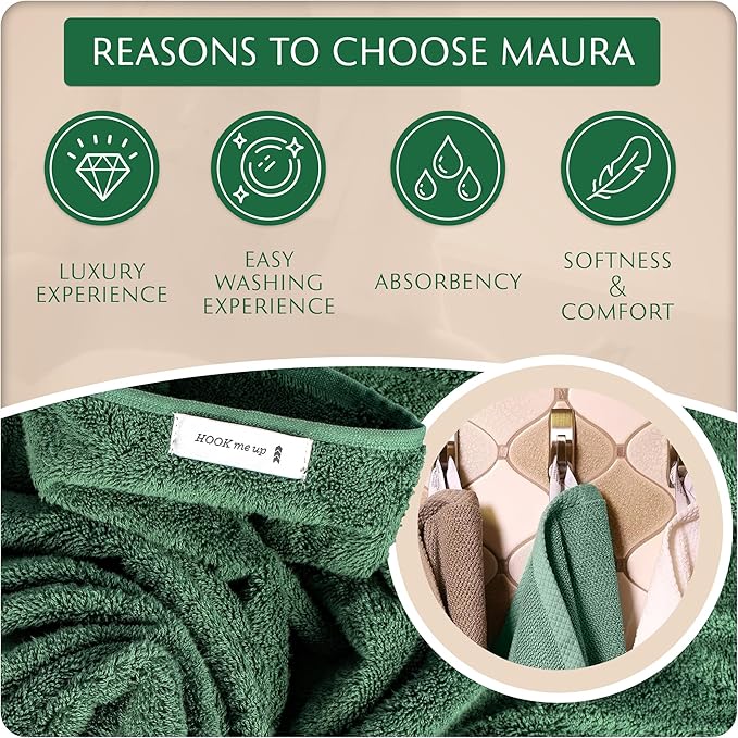 MAURA Basics Bath Towel Sets for Bathroom with Hanging Hook Loops. 2 Bath Towels, 2 Hand Towels, 2 Washcloths, Soft, Durable, Long Lasting and Absorbent Towels Set, Hunter Green