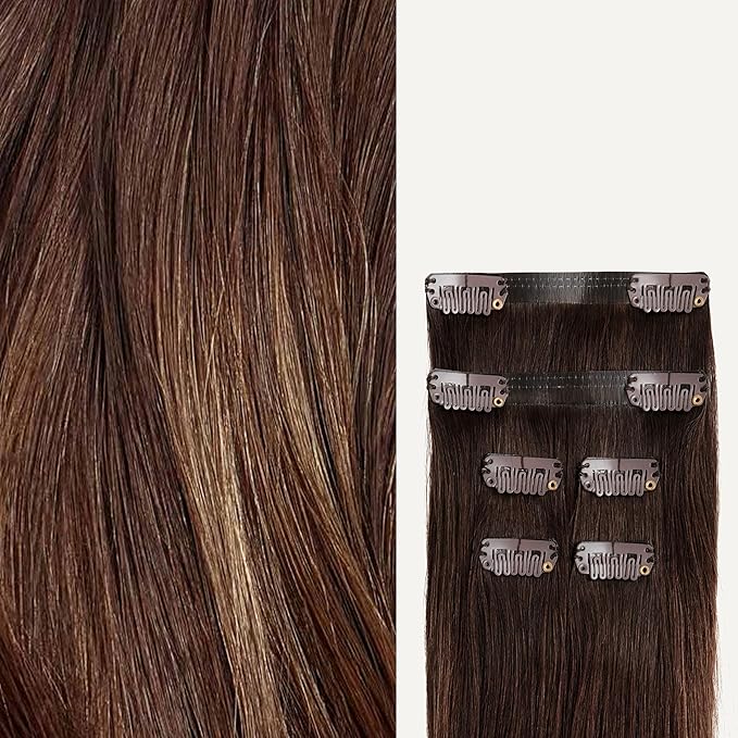 Luxy 100% Remy Human Hair Extensions for Thin Hair Thinning Hair Fill-Ins – 6 Seamless Wefts Multi-Dimensional Color Blend - Natural-Looking Volume & Coverage 50 grams 12" Chocolate Brown Balayage