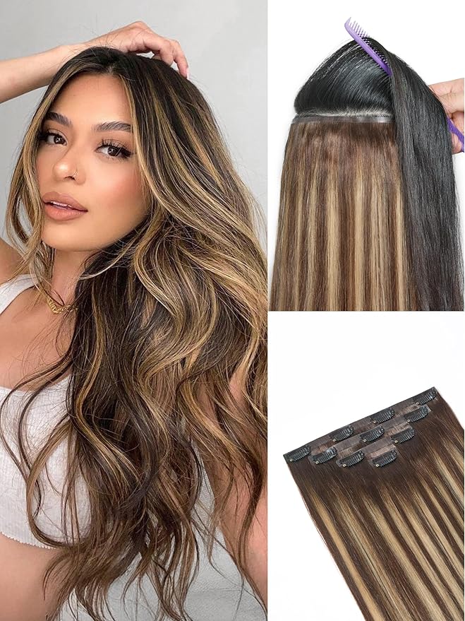 LUVME Clip in Hair Extensions, Straight Seamless 20 Inch 70g 4Pcs Chestnut Brown, 100% Real Remy Human Hair, Soft Natural Full Max Invisible Comfortable Hair Extensions for Women