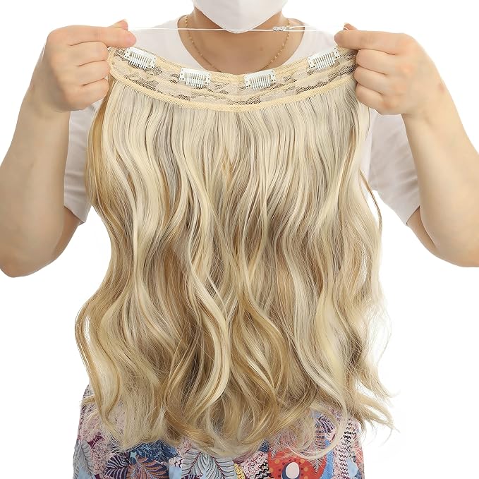 Invisible Wire Hair Extensions Transparent Wire Adjustable Size 4 Secure Clips Long Wavy Curly Secret Hairpiece 18 Inch for Women