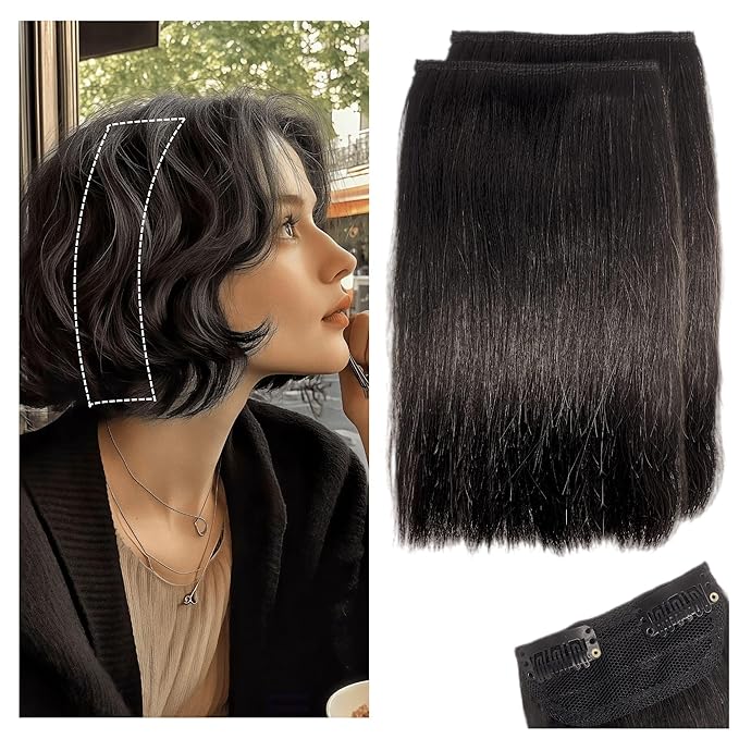 2 Pcs Short Hair Extensions, Human Hair Pieces for Women Adding Volume 6 inch Natural Black