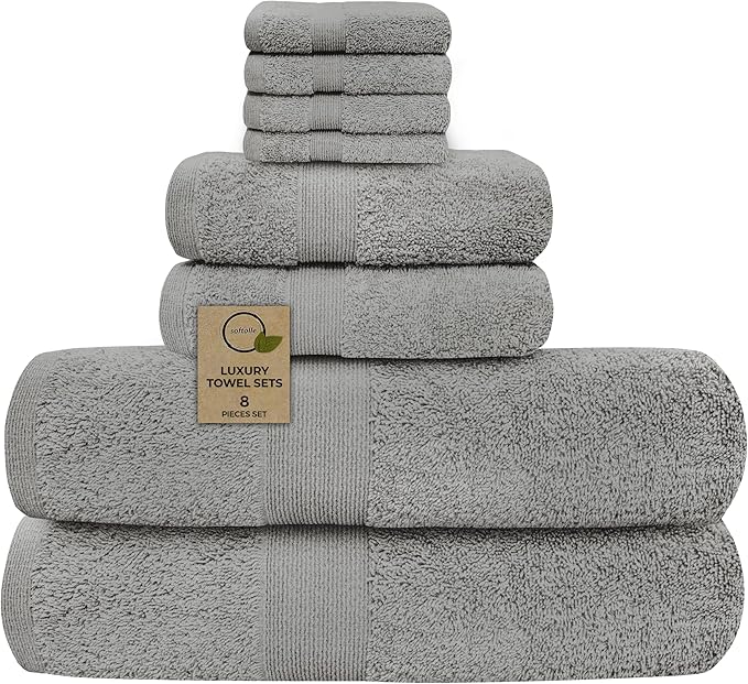 Softolle Luxury 8 Piece Towel Set, 2 Bath Towels 2 Hand Towels 4 Washcloths, Towels for Bathroom, Home, Spa & Gym - Highly Absorbent (Silver Grey)