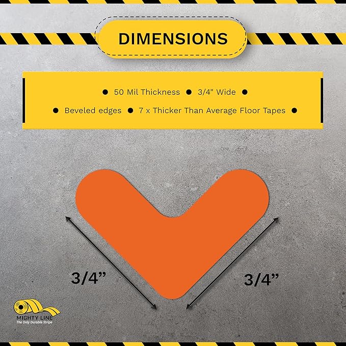 Mighty Line 3/4" Wide Solid Mini Corner Marker Floor Marking Tape, Heavy-Duty, Peel and Stick, Adhesive, Industrial Quality, Orange, Pack of 108