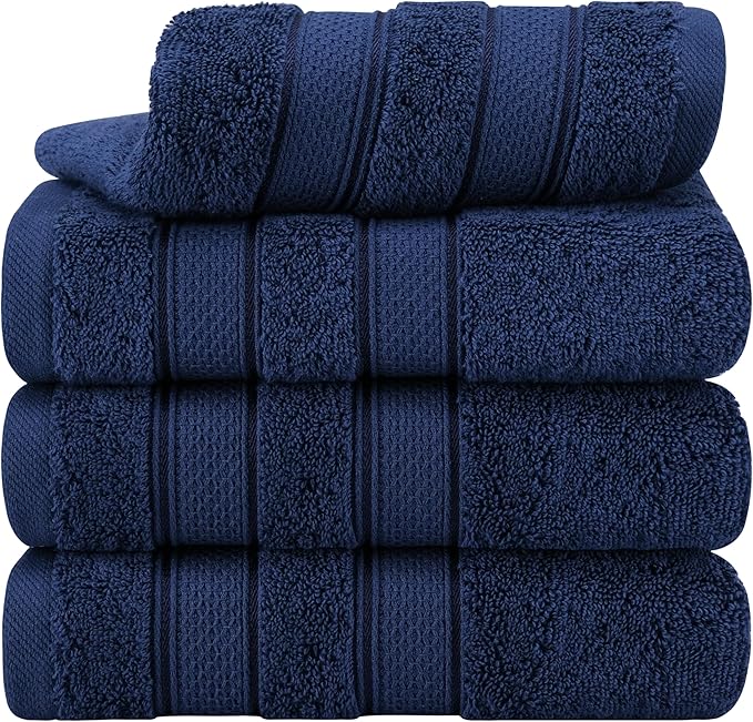 American Soft Linen Salem 100% Cotton Turkish 4 Piece Hand Towels for Bathroom, 600 GSM Soft Absorbent Quickdry Hand Face Towel Set, Navy Blue