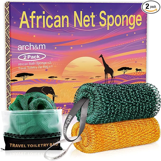 African Exfoliating Net Sponge Afroscrub - Authentic African Net Sponge with Knots Exfoliating Wash Cloths for Body Scrubber Back Scrub Exfoliator for Shower Bath Forest Green + Golden by ARCH&M
