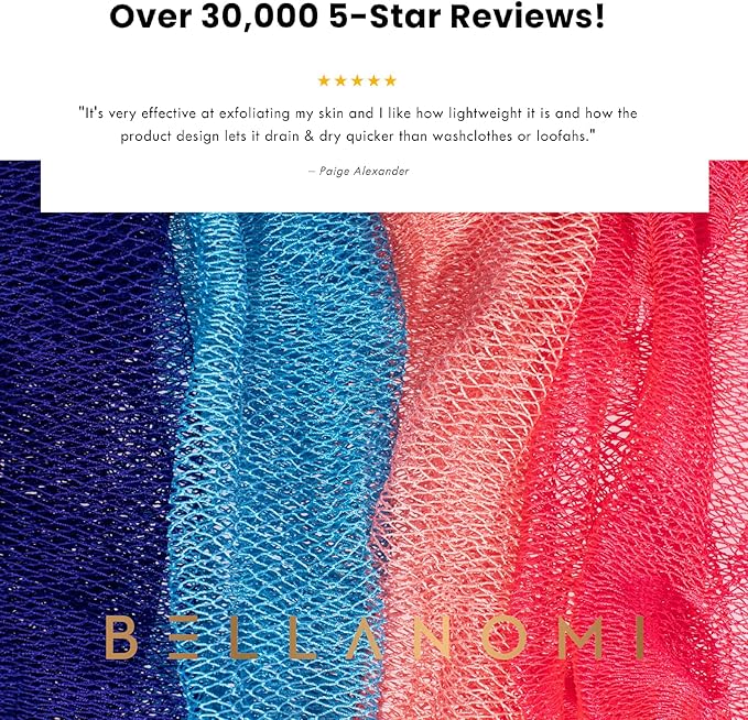 BELLANOMI 4 Piece African Exfoliating Net Sponge Long African Bath Sponge, Authentic Ethically Sourced from Nigeria, Great for Daily Use (Navy Blue, Baby Blue, Blush, Pink)