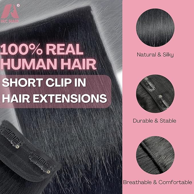 2 Pcs Short Hair Extensions, Human Hair Clip in Extensions for Women Adding Volume 8 Inch Jet Black