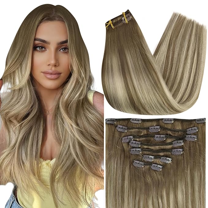 Full Shine 18 Inch Clip in Extensions Remy Human Hair Clip in Hair Extensions Chestnut Brown Balayage to Brown With Platinum Blonde Real Hair Clip ins Double Weft 7 Pcs 120 G